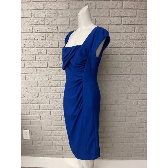 Tahari ASL Women Blue Square Neckline Front Ruched Sheath Dress Size 10 - Picture 5 of 10